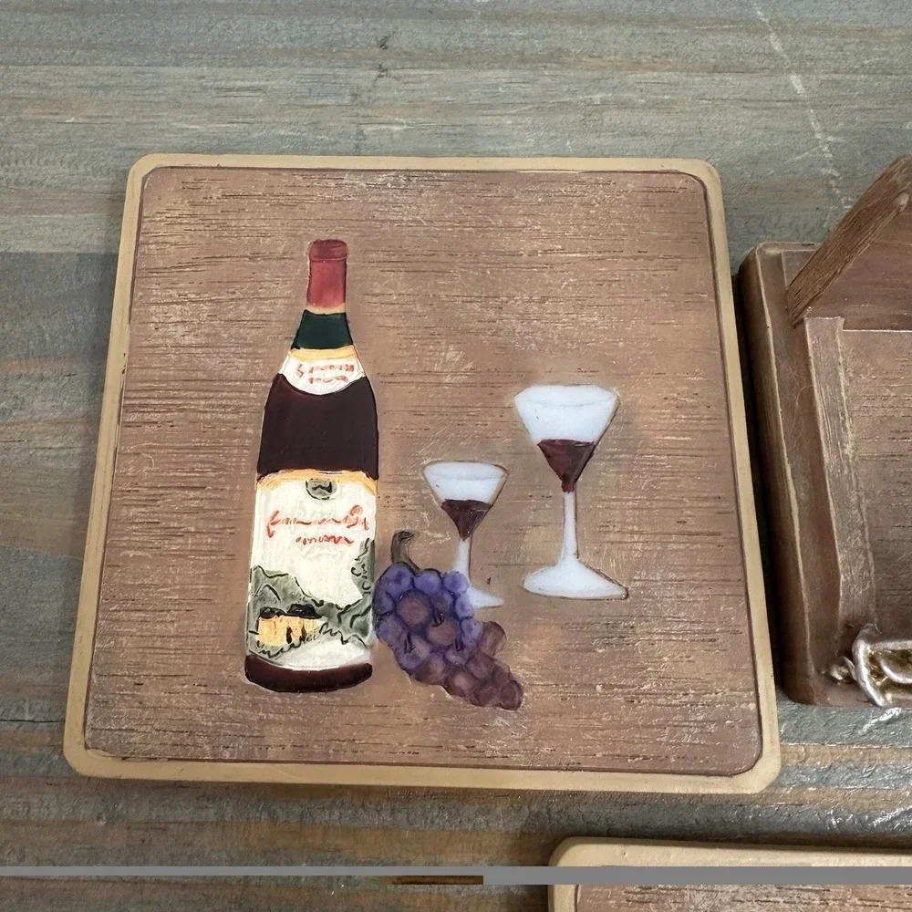 3D Wine Theme Set Of 4 Coasters Resin Holder Grape Vineyard Cork Backing